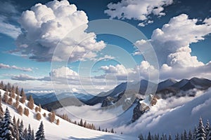 beautiful landscape with a winter theme, clouds, forest, mountains, AI generate