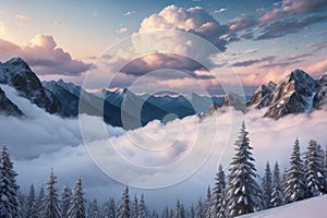 beautiful landscape with a winter theme, clouds, forest, mountains, AI generate