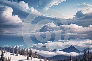 beautiful landscape with a winter theme, clouds, forest, mountains, AI generate