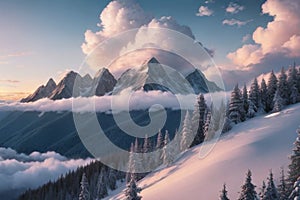 beautiful landscape with a winter theme, clouds, forest, mountains, AI generate