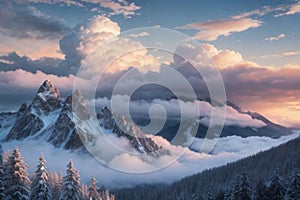 beautiful landscape with a winter theme, clouds, forest, mountains, AI generate