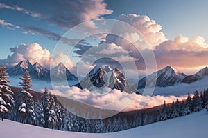 beautiful landscape with a winter theme, clouds, forest, mountains, AI generate