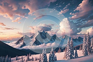 beautiful landscape with a winter theme, clouds, forest, mountains, AI generate