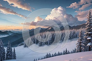 beautiful landscape with a winter theme, clouds, forest, mountains, AI generate