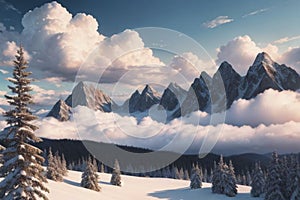 beautiful landscape with a winter theme, clouds, forest, mountains, AI generate photo