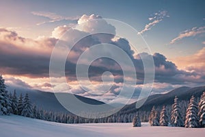 beautiful landscape with a winter theme, clouds, forest, mountains, AI generate photo