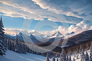 beautiful landscape with a winter theme, clouds, forest, mountains, AI generate photo