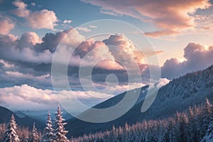 beautiful landscape with a winter theme, clouds, forest, mountains, AI generate