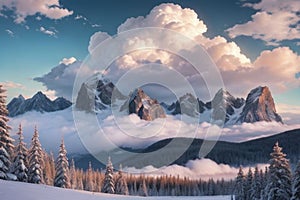 beautiful landscape with a winter theme, clouds, forest, mountains, AI generate photo