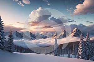 beautiful landscape with a winter theme, clouds, forest, mountains, AI generate