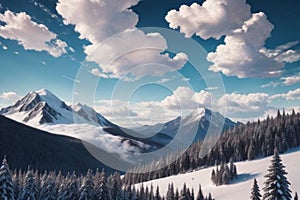 beautiful landscape with a winter theme, clouds, forest, mountains, AI generate