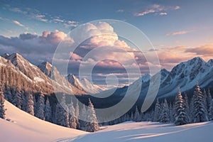 beautiful landscape with a winter theme, clouds, forest, mountains, AI generate