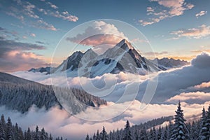 beautiful landscape with a winter theme, clouds, forest, mountains, AI generate