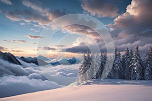 beautiful landscape with a winter theme, clouds, forest, mountains, AI generate