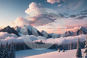 beautiful landscape with a winter theme, clouds, forest, mountains, AI generate