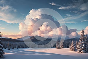 beautiful landscape with a winter theme, clouds, forest, mountains, AI generate