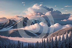 beautiful landscape with a winter theme, clouds, forest, mountains, AI generate