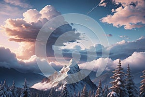 beautiful landscape with a winter theme, clouds, forest, mountains, AI generate