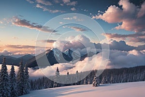 beautiful landscape with a winter theme, clouds, forest, mountains, AI generate