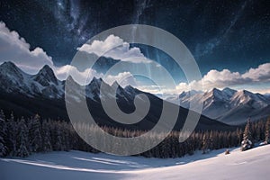 beautiful landscape with a winter theme, clouds, forest, mountains, AI generate