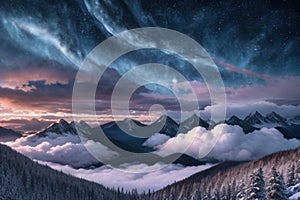 beautiful landscape with a winter theme, clouds, forest, mountains, AI generate