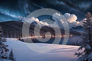 beautiful landscape with a winter theme, clouds, forest, mountains, AI generate