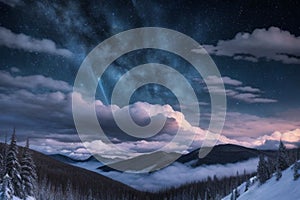 beautiful landscape with a winter theme, clouds, forest, mountains, AI generate