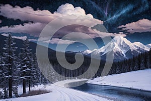 beautiful landscape with a winter theme, clouds, forest, mountains, AI generate