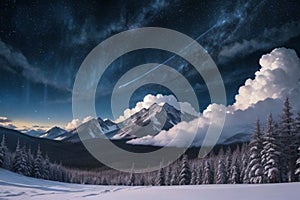 beautiful landscape with a winter theme, clouds, forest, mountains, AI generate