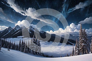 beautiful landscape with a winter theme, clouds, forest, mountains, AI generate