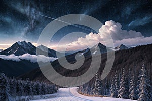 beautiful landscape with a winter theme, clouds, forest, mountains, AI generate photo