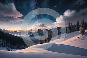 beautiful landscape with a winter theme, clouds, forest, mountains, AI generate