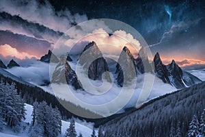 beautiful landscape with a winter theme, clouds, forest, mountains, AI generate photo