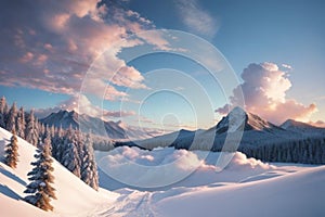 beautiful landscape with a winter theme, clouds, forest, mountains, AI generate photo