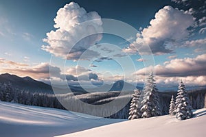 beautiful landscape with a winter theme, clouds, forest, mountains, AI generate photo