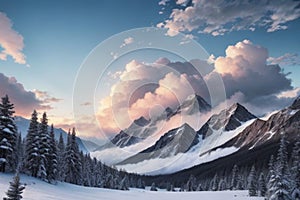 beautiful landscape with a winter theme, clouds, forest, mountains, AI generate photo