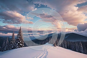 beautiful landscape with a winter theme, clouds, forest, mountains, AI generate photo