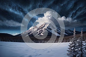 beautiful landscape with a winter theme, clouds, forest, mountains, AI generate photo