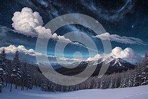 beautiful landscape with a winter theme, clouds, forest, mountains, AI generate photo