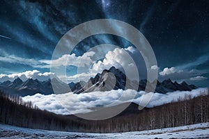 beautiful landscape with a winter theme, clouds, forest, mountains, AI generate photo