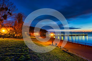 Beautiful landscape with wooden pier in Gdynia Orlowo before sunrise, Poland