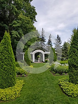 Beautiful landscaped gardens at the historic Charlevoix Train Depot on the shore of Lake Michigan