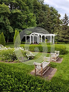 Beautiful landscaped gardens at the historic Charlevoix Train Depot on the shore of Lake Michigan