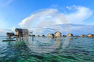 Beautiful landscapes view borneo sea gypsy water village in Bodgaya Mabul Island