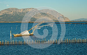 Beautiful landscspe with boats at the lake of Mesologgi