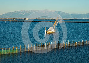 Beautiful landscspe with boats at the lake of Mesologgi