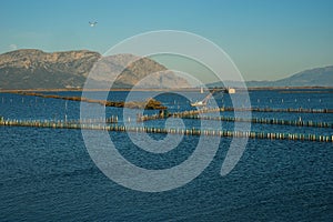 Beautiful landscspe with boats at the lake of Mesologgi