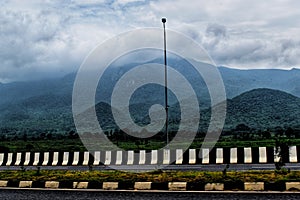 Beautiful lanscape view of green mountain forest of Parasnath hills Jharkhand in India with mist rain clouds