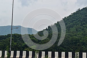 Beautiful lanscape view of green mountain forest of Parasnath hills Jharkhand in India with mist rain clouds