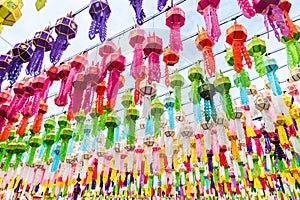 Beautiful lantern Yeepeng Festival at Wat Phra That Hariphunchai, Thailand